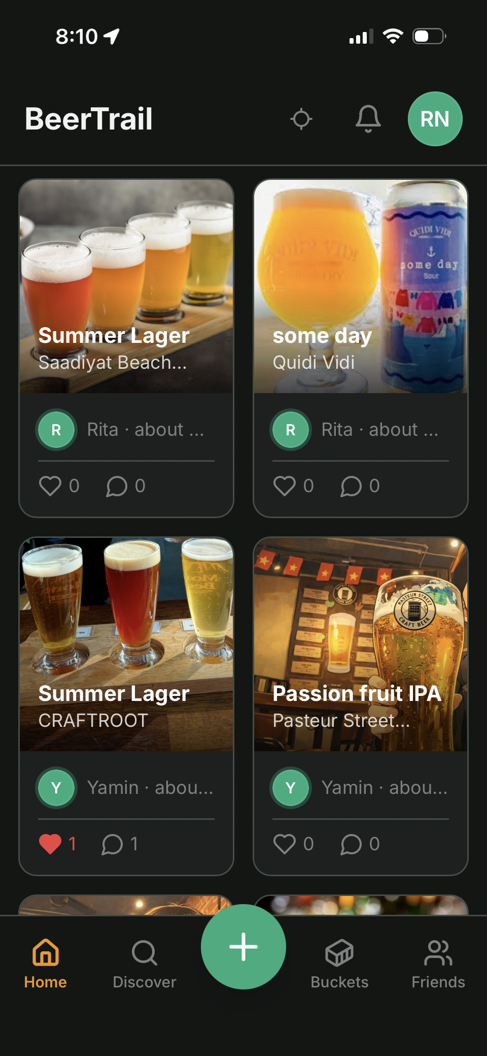 Beertrail app showing Feed with nearby breweries and friend posts